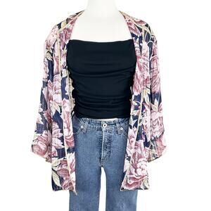 Vintage Open Front Floral Cardigan Top Sheer Gold Trim XS/S Kimono